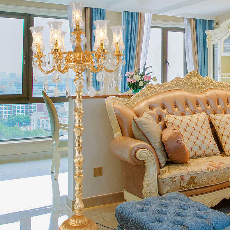 Luxury Golden Crystal Zinc Alloy 7-Light Floor Lamp for Bedroom
