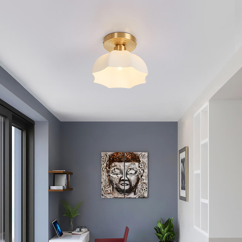 Japanese Vintage Brass Glass Dome Semi-Flush Mount Ceiling Light