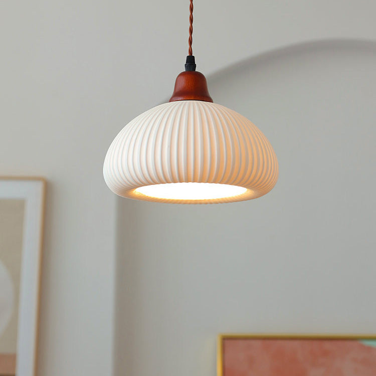 Traditional Japanese Pleated Round Dome Pendant Light - Ceramic & Wood Design for Living Room & Bedroom