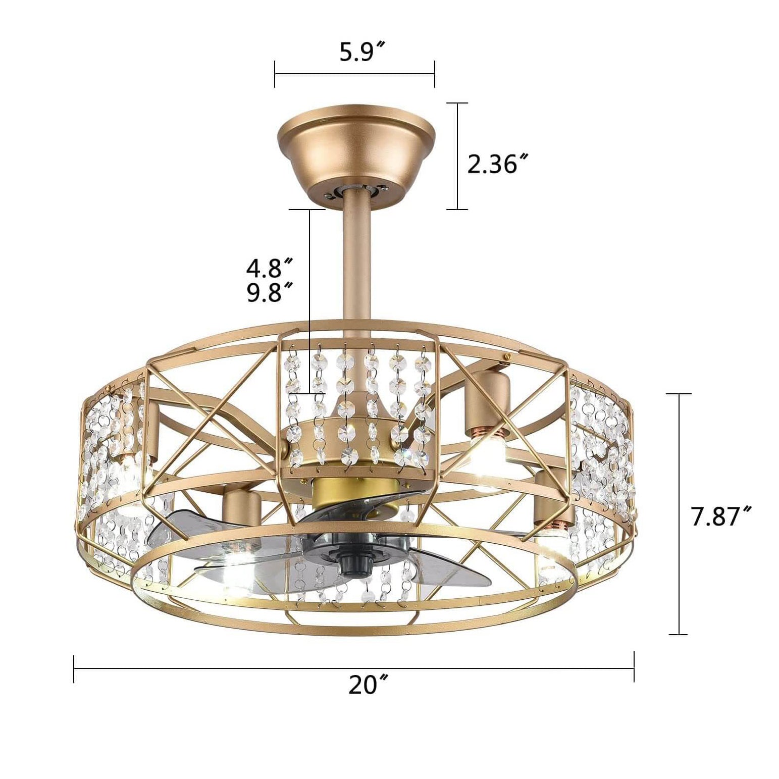 Modern Luxury Gold Drum Crystal 4-Light Ceiling Fan with Downrods