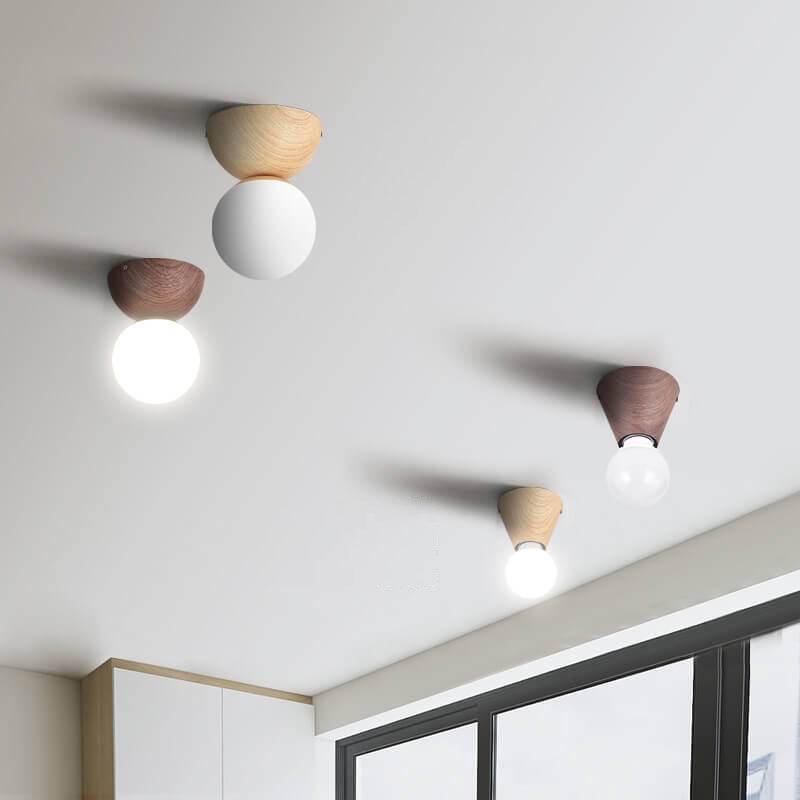 Japanese Minimalist Wood Grain Round Flush Mount Ceiling Light - 1-Light Glass Fixture