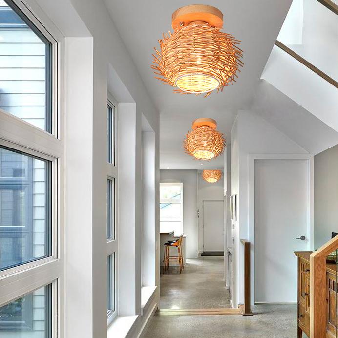 Modern Minimalist Bamboo Weaving Ceiling Lamp - Flush Mount Light Fixture