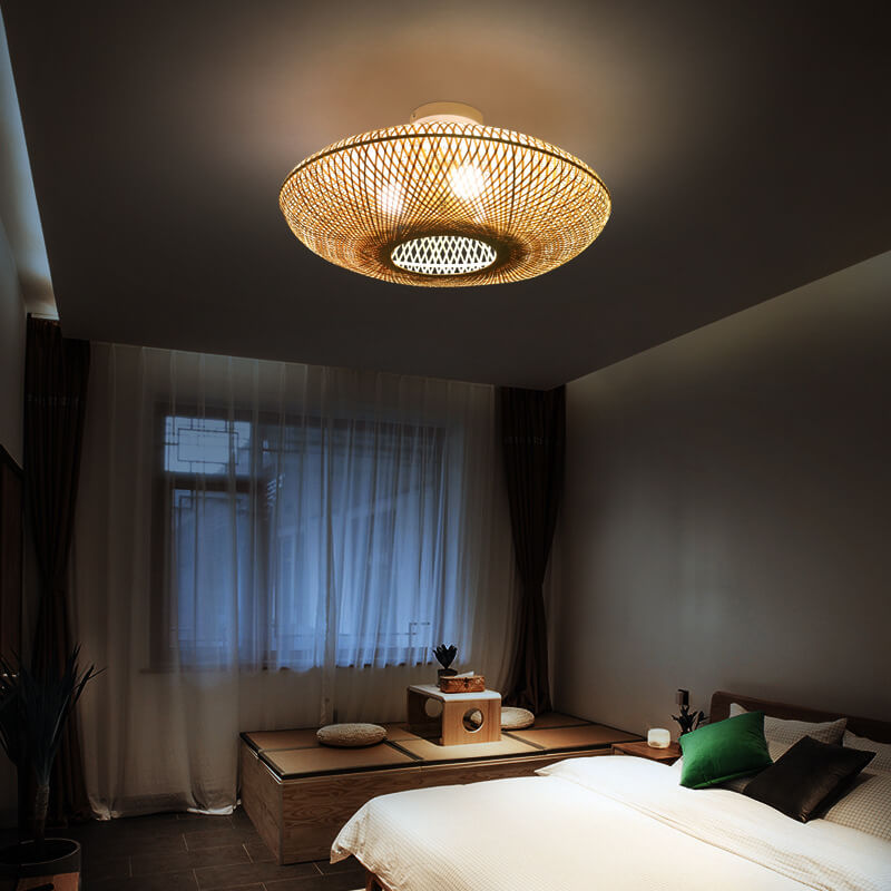 Traditional Japanese Bamboo Weaving Flying Saucer 3-Light Semi-Flush Mount Bedroom Light