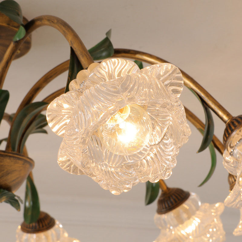 Traditional Rustic Floral Iron Glass Semi-Flush Mount Ceiling Light for Living Room - 6/8/10 Light Options