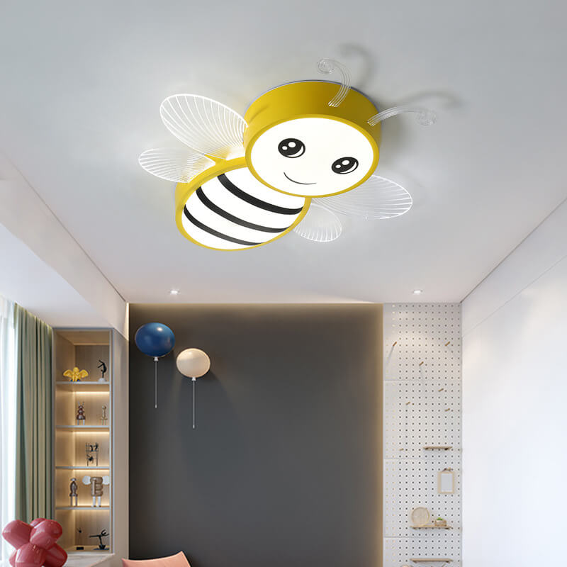 Contemporary Kids Bee Iron Acrylic LED Flush Mount Ceiling Light for Bedroom, Nursery Lighting, Child's Room Decor, Insect Theme Ceiling Fixture, Energy-Efficient Illumination, Cute Bee Design, Playful Ceiling Lights for Children, Modern Flush Mount Honey