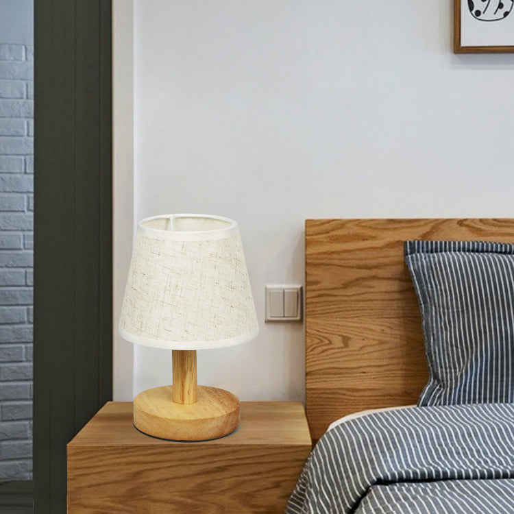 Contemporary Nordic Round Wood Fabric LED Table Lamp Bedroom Modern Lighting Decorative Nightstand Lamp Stylish Home Decor Desk Light Warm White Soft Illumination Eco-Friendly DesignEnergy-Saving Bedroom Accent Lighting