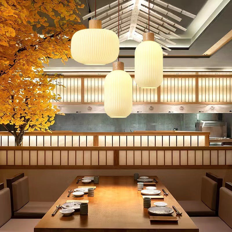 Traditional Japanese Solid Wood Strip Glass Jar Pendant Light for Living Room, 1/2/3 Light Island Fixture