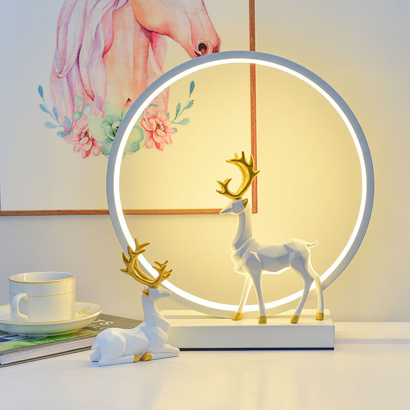 Contemporary Nordic Iron Acrylic Circle Deer USB Plug-in LED Night Light Table Lamp for Bedroom, Modern Decorative Lighting, Unique Home Decor, Soft Warm White Glow, Rechargeable Bedroom Lamp, Elegant Nightstand Light, Creative Gift for Kids and Adults, S