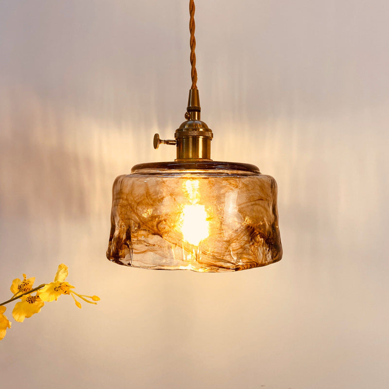 Vintage Amber Glass Brass Pendant Light 1-Light Ceiling Fixture