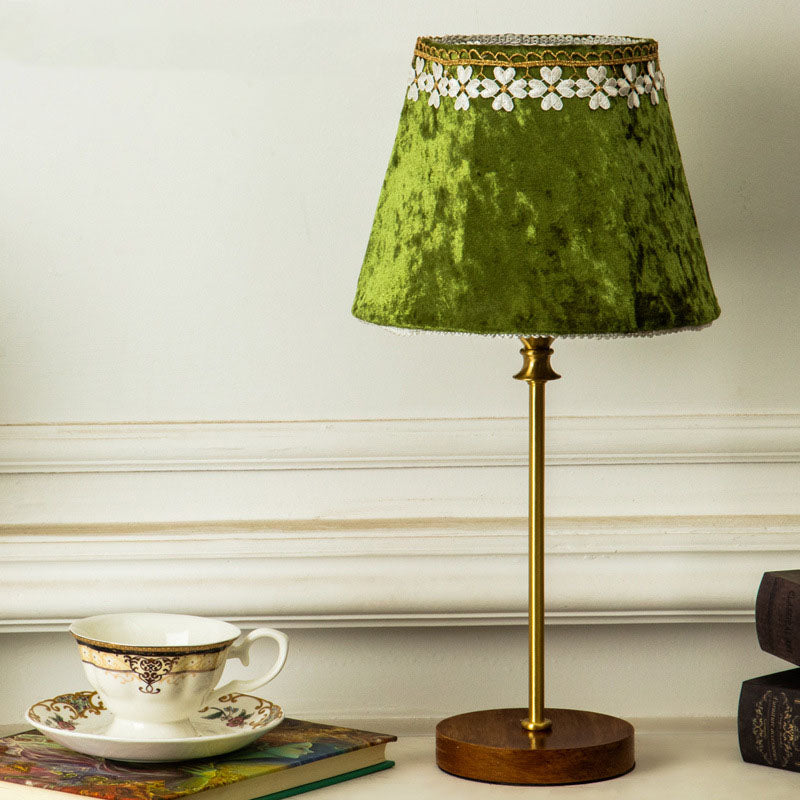 Traditional European Drum Velvet Copper Wood 1-Light Table Lamp for Living Room, Elegant Home Decor Lighting, Vintage Style Accent Lamp, Stylish Table Lamp for Bedroom, Luxurious Velvet Shade, Warm Ambient Lighting, Unique Decorative Lamp for Living Space