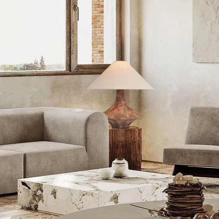 Wabi-Sabi Vintage Cone Vase Base Ceramic Fabric 1-Light Table Lamp, Handmade Rustic Home Decor, Boho Chic Lighting, Unique Artistic Accent Lamp for Bedroom, Living Room, Eco-Friendly Design, Aesthetic Interior Style, Natural Materials Lighting Solution