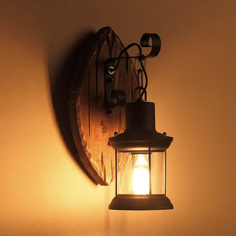 Traditional Farmhouse Wood Disc Wall Sconce - 1-Light Iron Shade Lamp for Dining Room