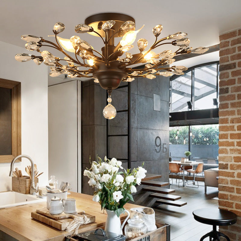 Traditional European Iron Crystal Semi-Flush Mount Ceiling Light - 4/5/6 Lights for Living Room