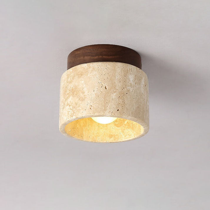 Vintage Round Travertine Flush Mount Ceiling Light - 1-Light Hallway Fixture