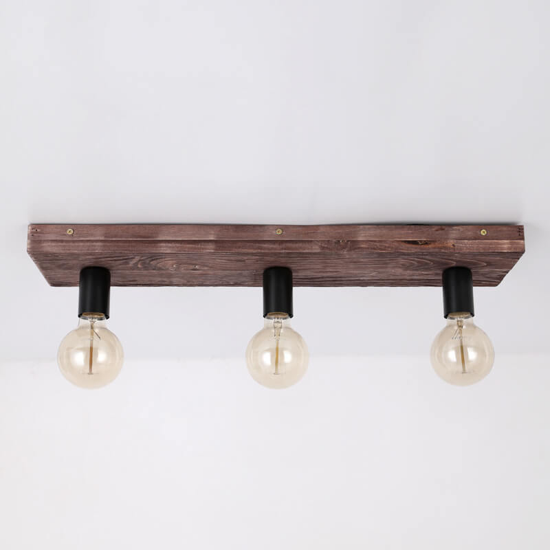 Retro Solid Wood 3-Light Flush Mount Ceiling Light with Glass Lampshade