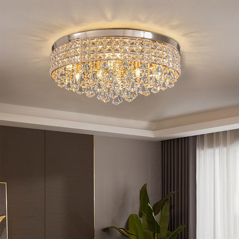 Modern Luxury Round Iron Crystal Beads Flush Mount Ceiling Light 6/9-Light Living Room Fixture