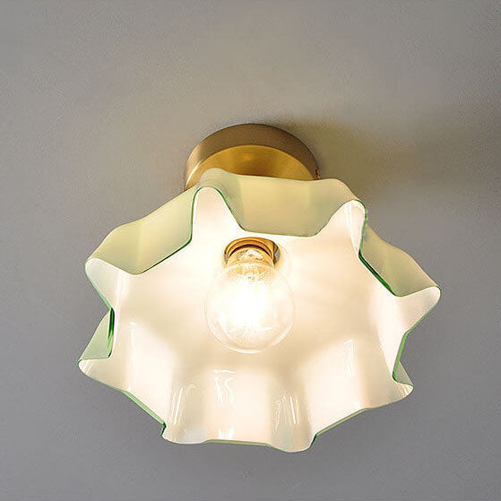 Japanese Vintage Cream Glass Floral Brass Semi-Flush Mount Ceiling Light