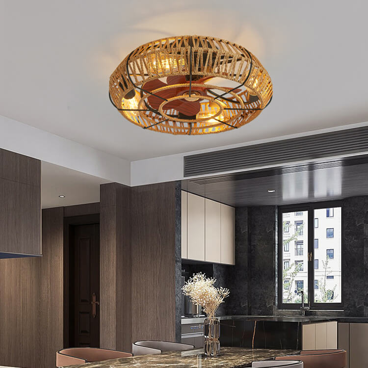 Rustic Round Drum Semi-Flush Mount Ceiling Fan Light - 4-Light Iron & Hemp Rope Fixture for Bedroom