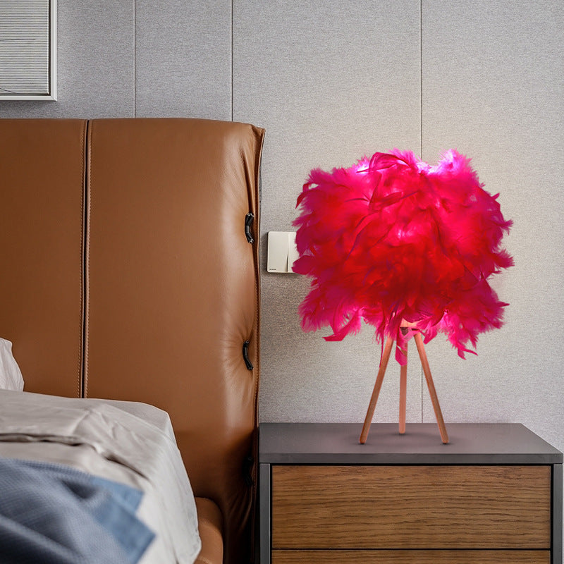 Modern Art Deco Feather Wood Cylinder Triangle Base 1-Light Table Lamp Nightstand Lamp for Bedroom Stylish Bedside Lighting Elegant Home Decor Accent Lamp Unique Design Decorative Table Light Modern Lighting Solution Interior Design Must-Have