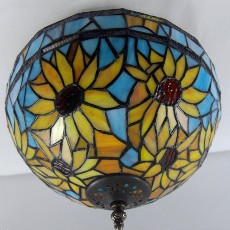 Traditional Tiffany Dome Sunflower Iron Glass Semi-Flush Mount Light - 2-Light Fixture for Hallway