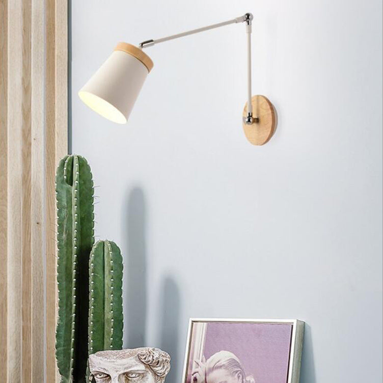 Contemporary Scandinavian Wood & Iron Cylinder Wall Sconce Lamp for Bedroom