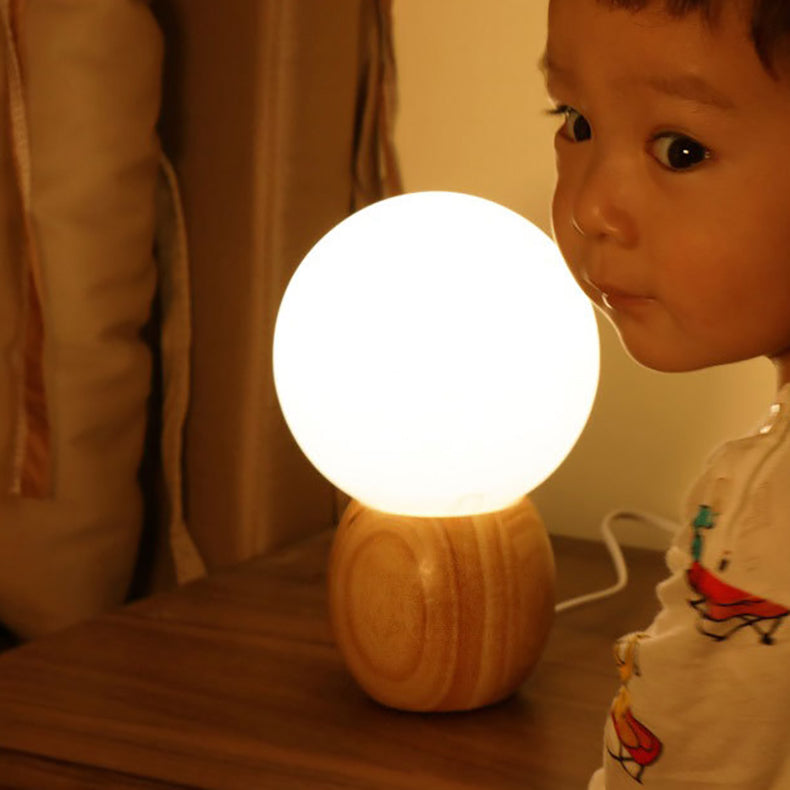 Contemporary Scandinavian Orb Glass Table Lamp - Wood Base 1-Light for Bedroom