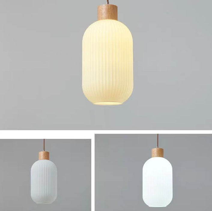 Traditional Japanese Solid Wood Strip Glass Jar Pendant Light for Living Room, 1/2/3 Light Island Fixture