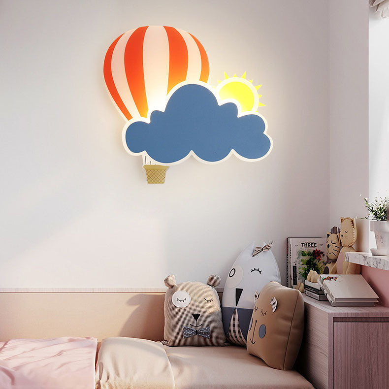 Contemporary Hot Air Balloon Clouds LED Wall Sconce Lamp for Kids Bedroom, Modern Iron Acrylic Wall Light, Cute Nursery Decor, Unique Children's Room Lighting, Cloud and Balloon Design Wall Lamp, Decorative Kids Room Lighting Fixture, Playful Bedroom Wall