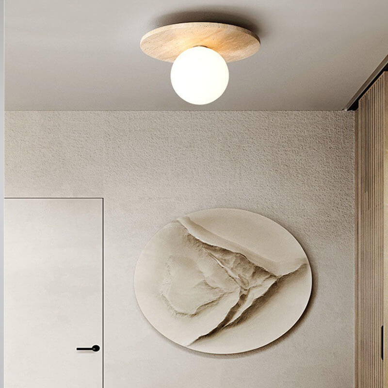 Japanese Minimalist Round Yellow Travertine 1-Light Semi-Flush Mount Ceiling Light