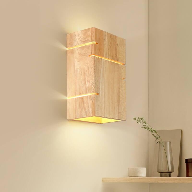 Modern Minimalist Wooden Square Wall Sconce 2-Light Lamp for Bedroom