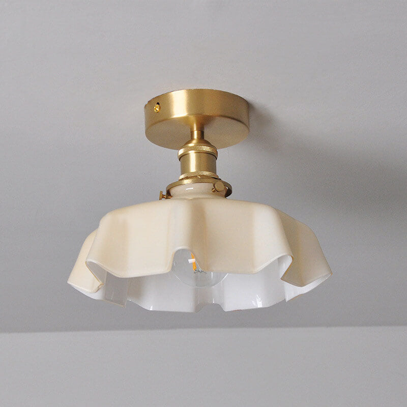 Japanese Vintage Cream Glass Floral Brass Semi-Flush Mount Ceiling Light