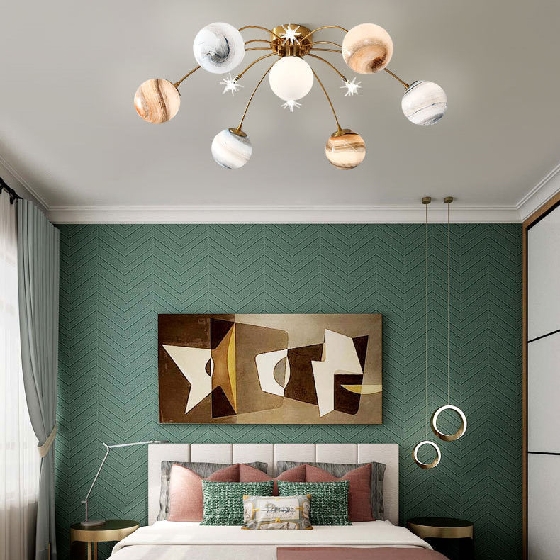 Contemporary Starry Sky 13-Light Semi-Flush Mount Ceiling Light for Bedroom, Iron and Glass Fixture, Modern Moon Design, Elegant Home Lighting