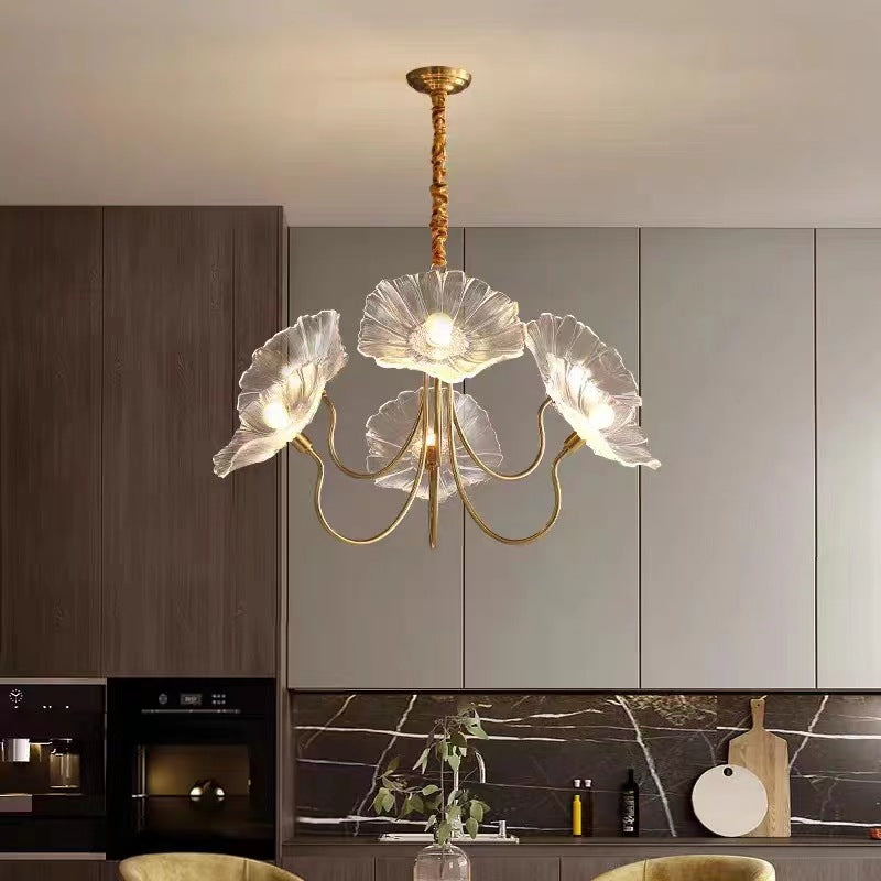 Modern Art Deco Gold Finish Chandelier with Lotus Leaf Glass Shade - 3/6 Lights for Living Room