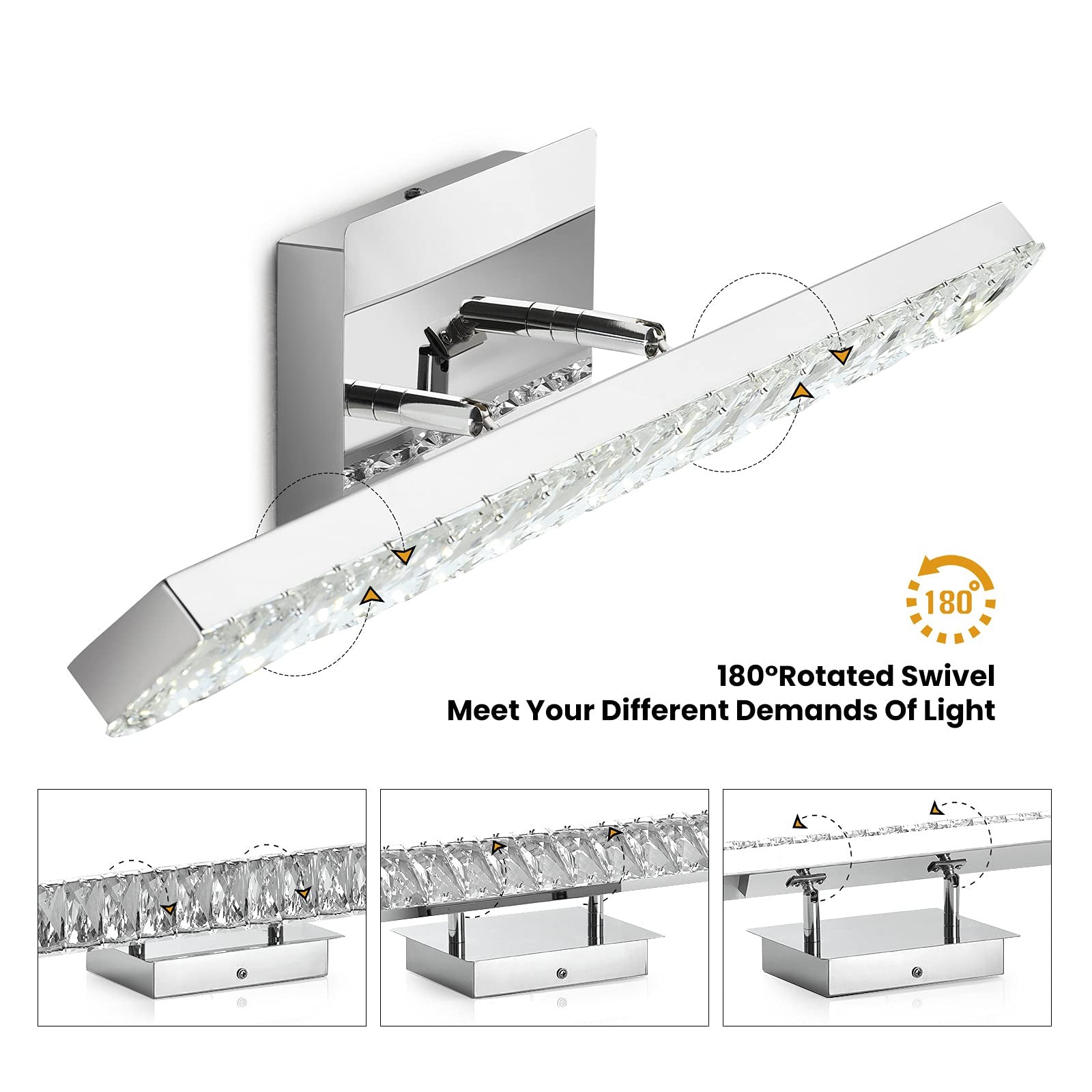 Modern Luxury Stainless Steel Crystal LED Wall Sconce Vanity Light  

Transform your bathroom with this elegant wall sconce featuring a sleek stainless steel design adorned with crystals. The rotatable feature allows for adjustable lighting, enhancing any
