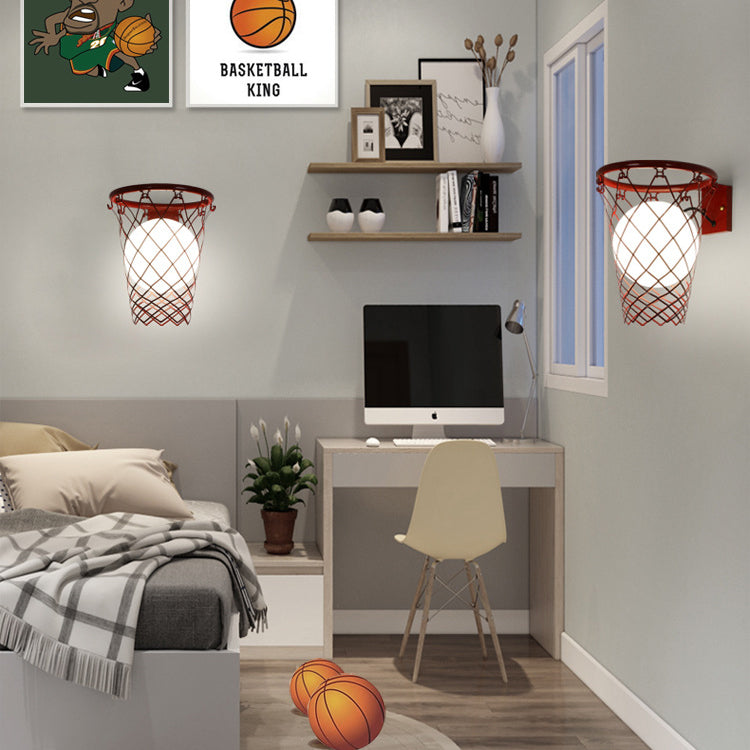 Modern Art Deco Kids Iron Glass Basketball Hoop 1-Light Wall Sconce Lamp Bedroom Lighting Decorative Fixture Adjustable Sports Theme Room Decor Playful Nightlight for Boys Girls Unique Design Fun Basketball Decor Wall Light