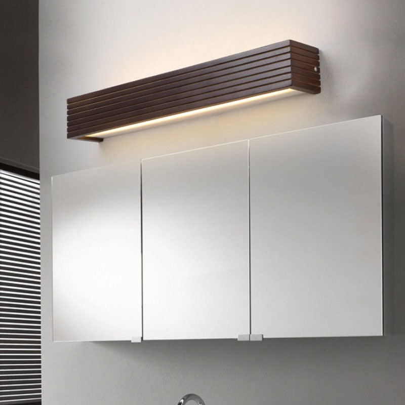 Traditional Chinese Striped Wood LED Vanity Mirror Sconce Lamp for Bathroom