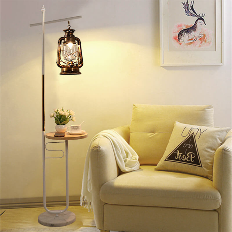 Vintage European Lantern Floor Lamp - Iron, Wood & Marble, 1-Light Standing Design