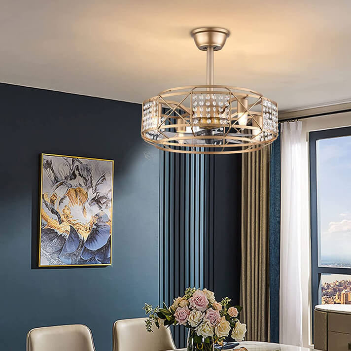Modern Luxury Gold Drum Crystal 4-Light Ceiling Fan with Downrods