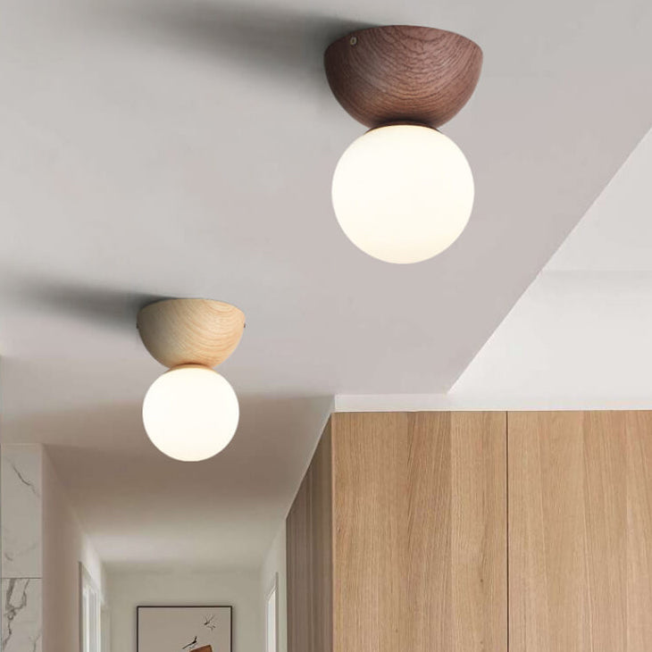 Japanese Minimalist Wood Grain Round Flush Mount Ceiling Light - 1-Light Glass Fixture
