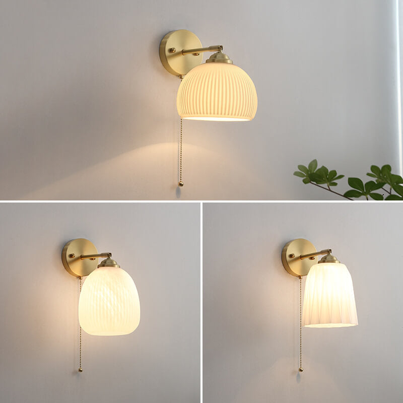 Contemporary Nordic Striped White Glass Brass Wall Sconce 1-Light Bedroom Lamp