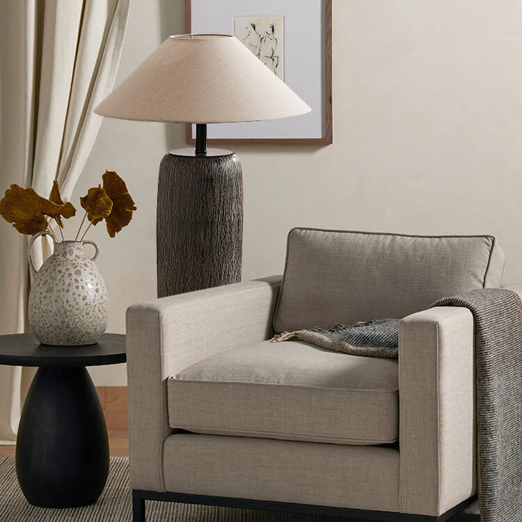 Japanese Wabi-Sabi Ceramic Column Base Floor Lamp - 1-Light Fabric Shade