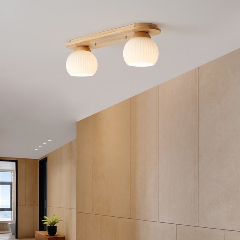 Traditional Japanese Striped Glass Wood Long Plate Flush Mount Ceiling Light