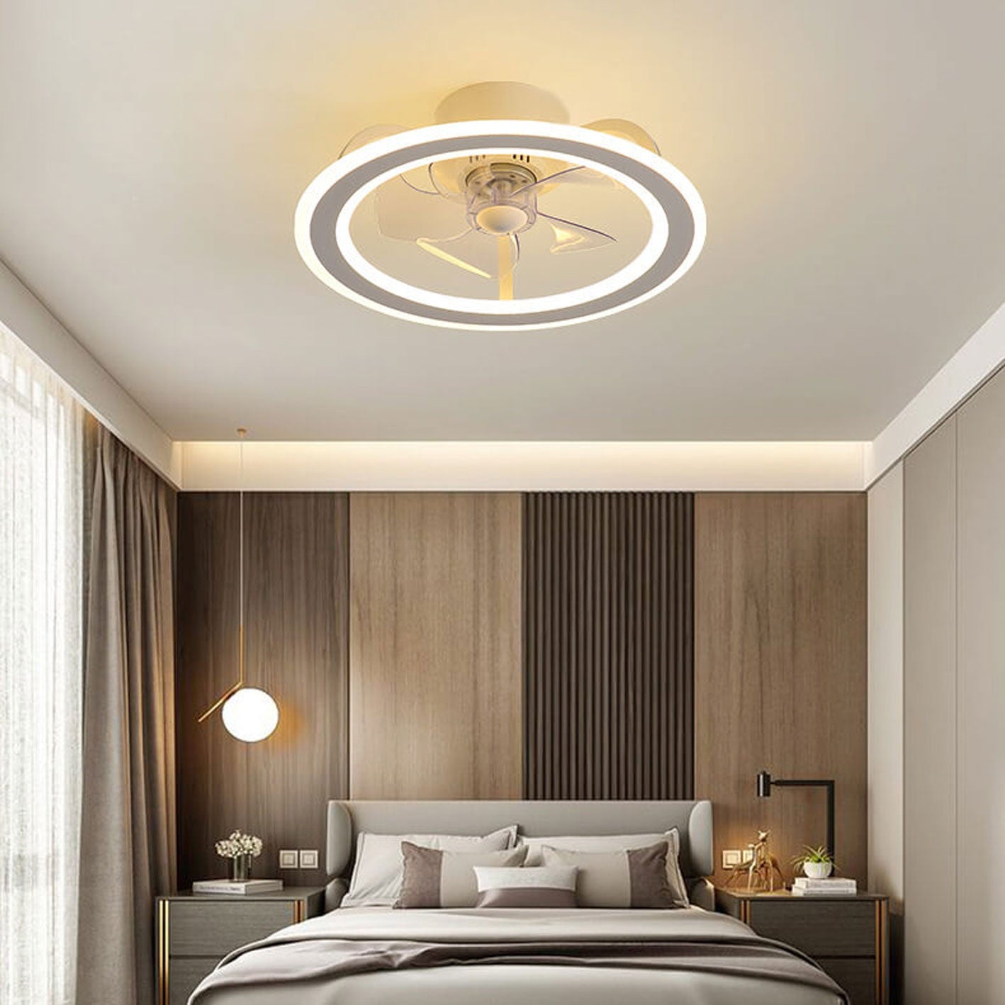 Nordic Creative Round LED Semi-Flush Mount Ceiling Fan Light Fixture