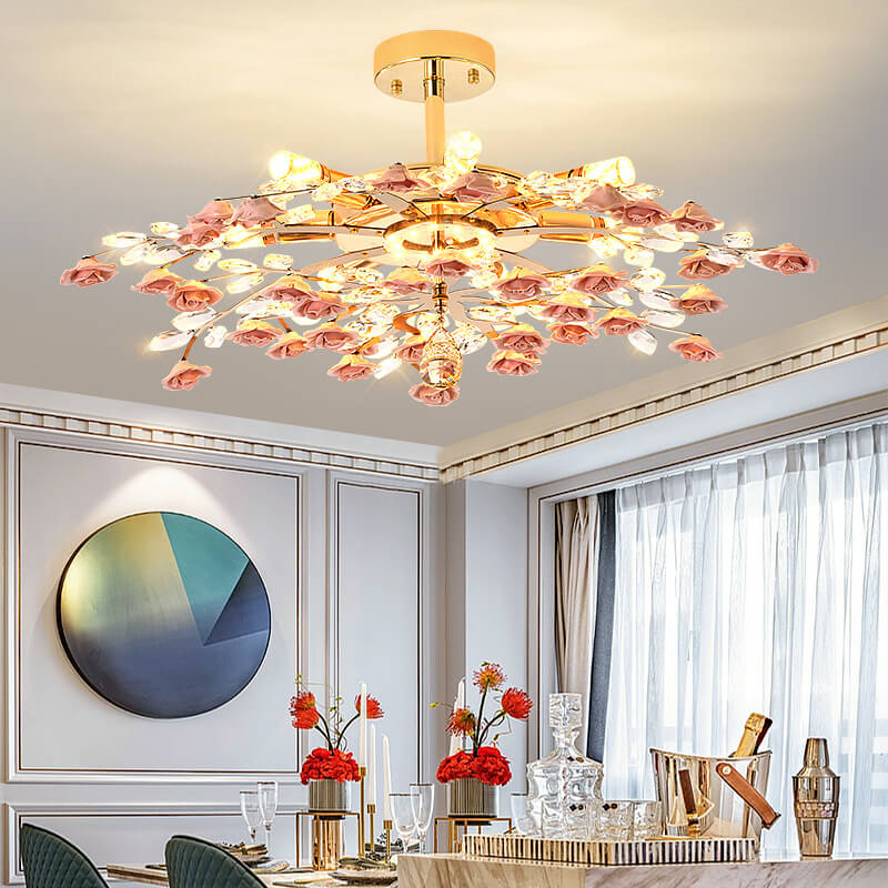 Modern Luxury Rose Iron Ceramic Crystal Chandelier 6/7/8 Light