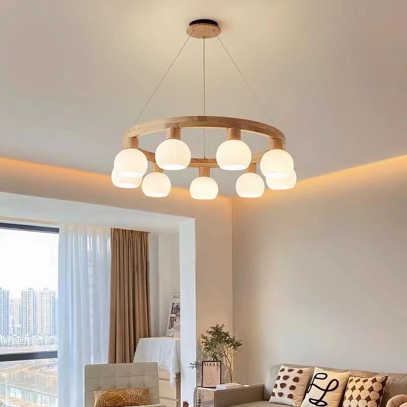 Modern Japanese Log Ring Textured Glass Globe Chandelier - 3/6/9 Light Pendant Fixture for Dining Room, Living Room, and Entryway Lighting