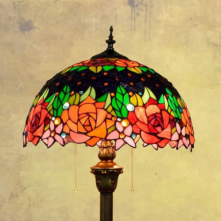 Traditional Tiffany Roses Stained Glass Floor Lamp - 2-Light Dome for Living Room