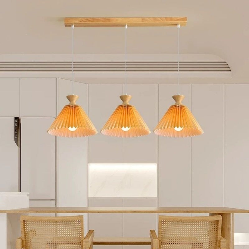 Traditional Japanese Rubberwood Pleated Cone Island Chandelier for Living Room