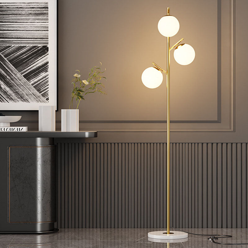 Contemporary Scandinavian Orb Pillar Floor Lamp - 3-Light Metal & Marble Glass for Living Room