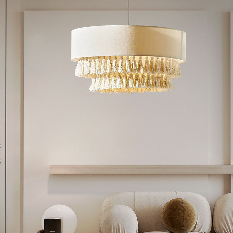 Contemporary Boho 3-Light Chandelier - Fabric Shade with Tassel & Braided Rope for Living Room