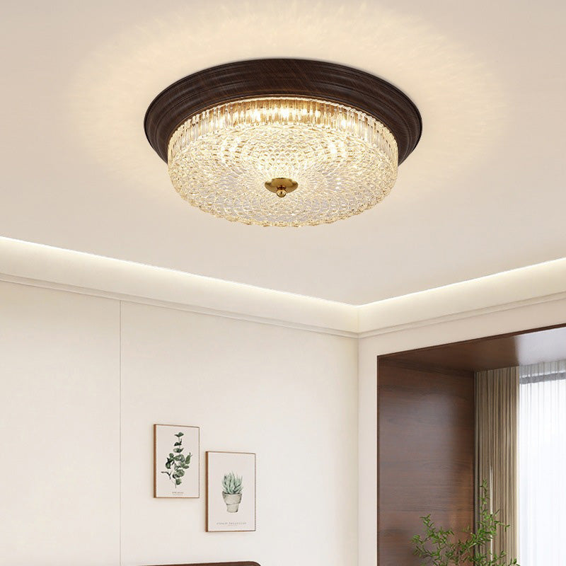 Vintage Round Crystal Glass LED Flush Mount Ceiling Light - Wooden Grain Design for Living Room